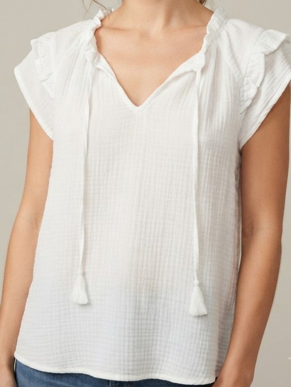 Chelsea & Theodore White Cotton Gauze Blouse M Boho Ruffle Tie Neck